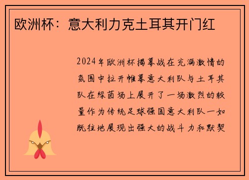 欧洲杯：意大利力克土耳其开门红
